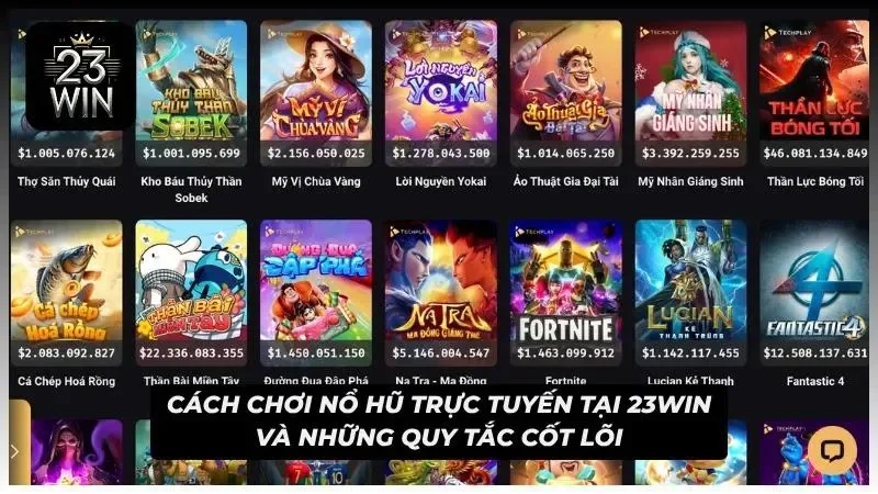 Nổ hũ 23WIN với danh mục trò chơi và các ô tên game.